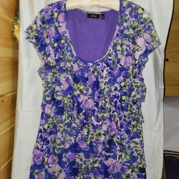 Apt 9 Floral Ruffle Blouse, capped sleeves, scoop neck, size L - Picture 1 of 9